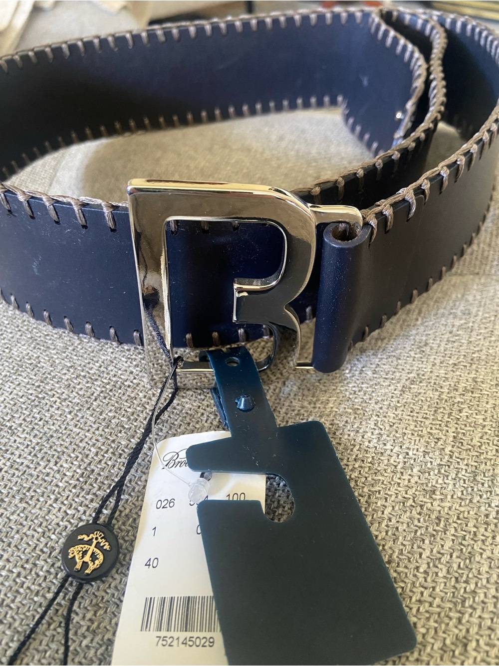 NWT Brooks Brothers Navy Blue Leather Whipstitch Belt Silver "B" Logo Size Large